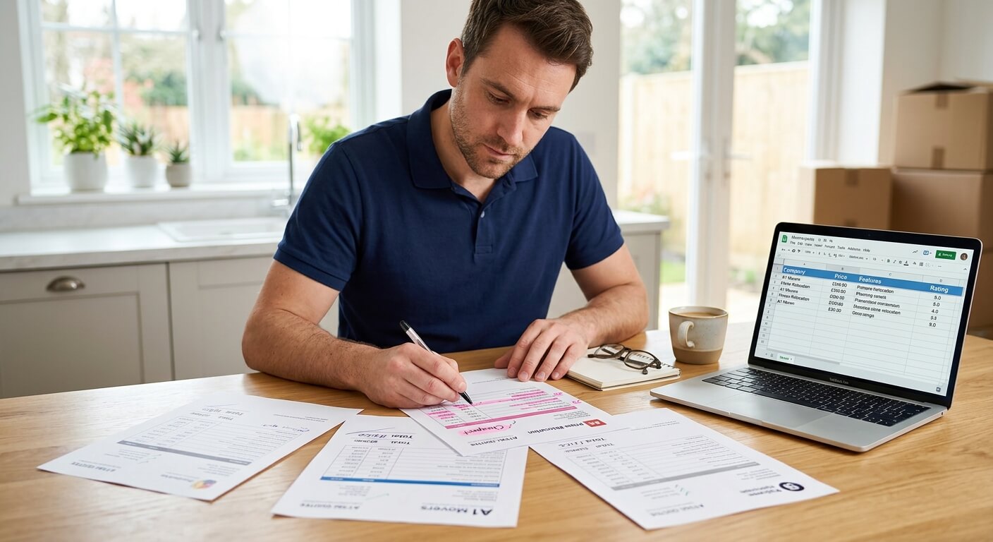 Person comparing multiple moving company quotes before hiring