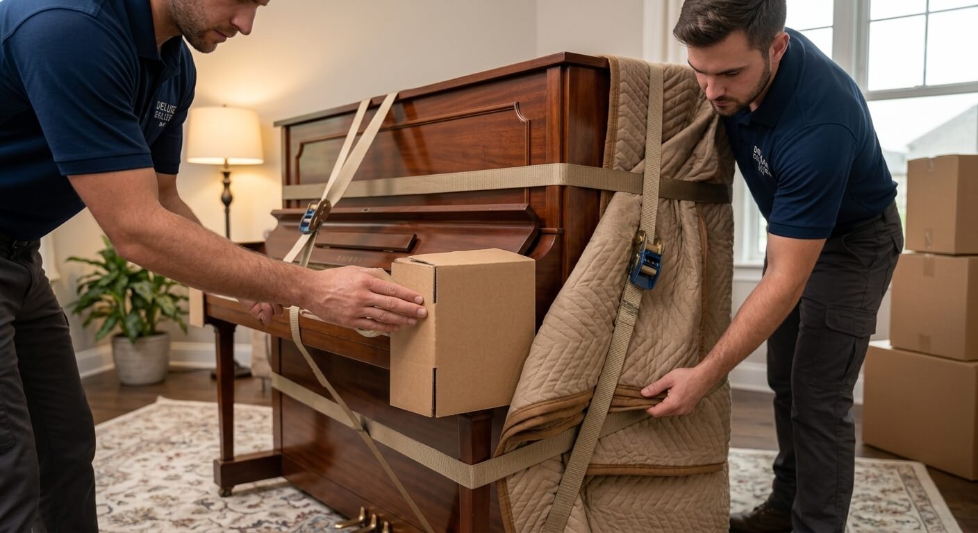 Movers wrapping and securing a piano with moving blankets before transport