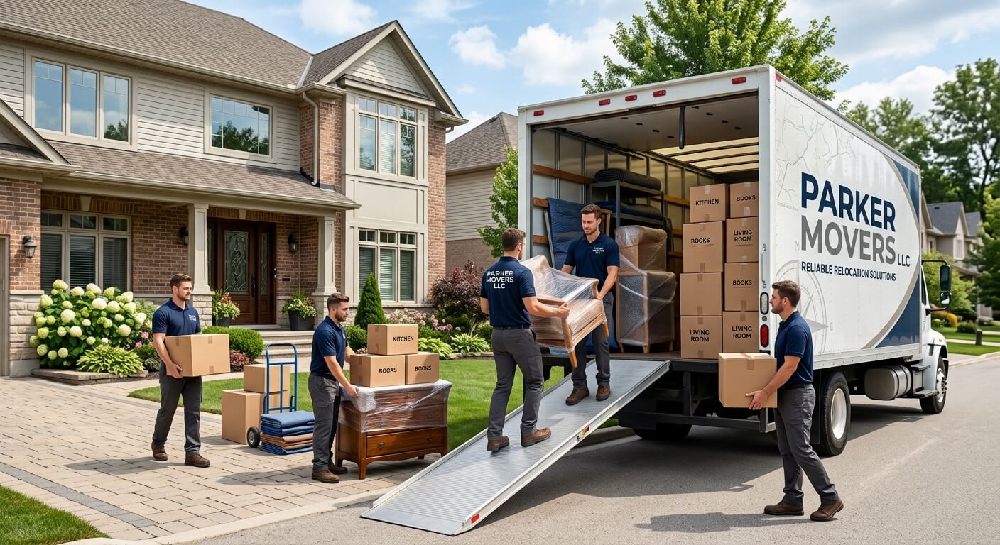 Professional moving team loading furniture and sealed moving boxes into a modern moving truck outside a beautiful suburban home