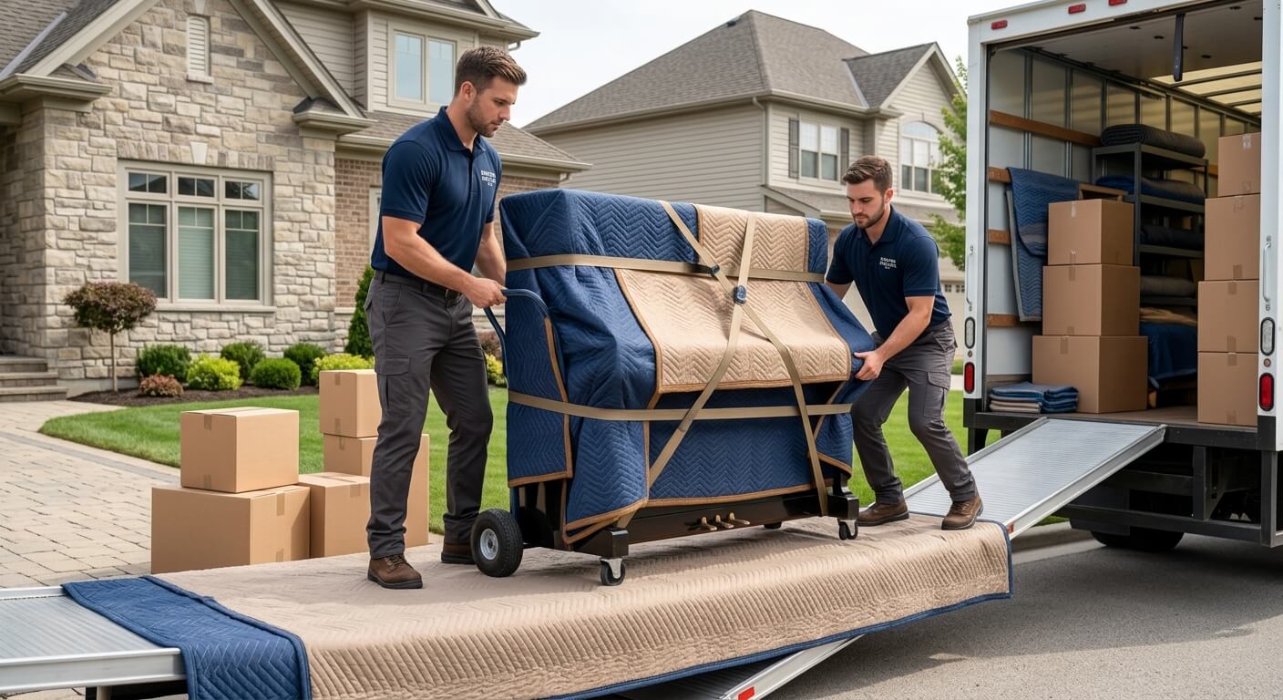 Professional piano movers safely loading an upright piano into a moving truck