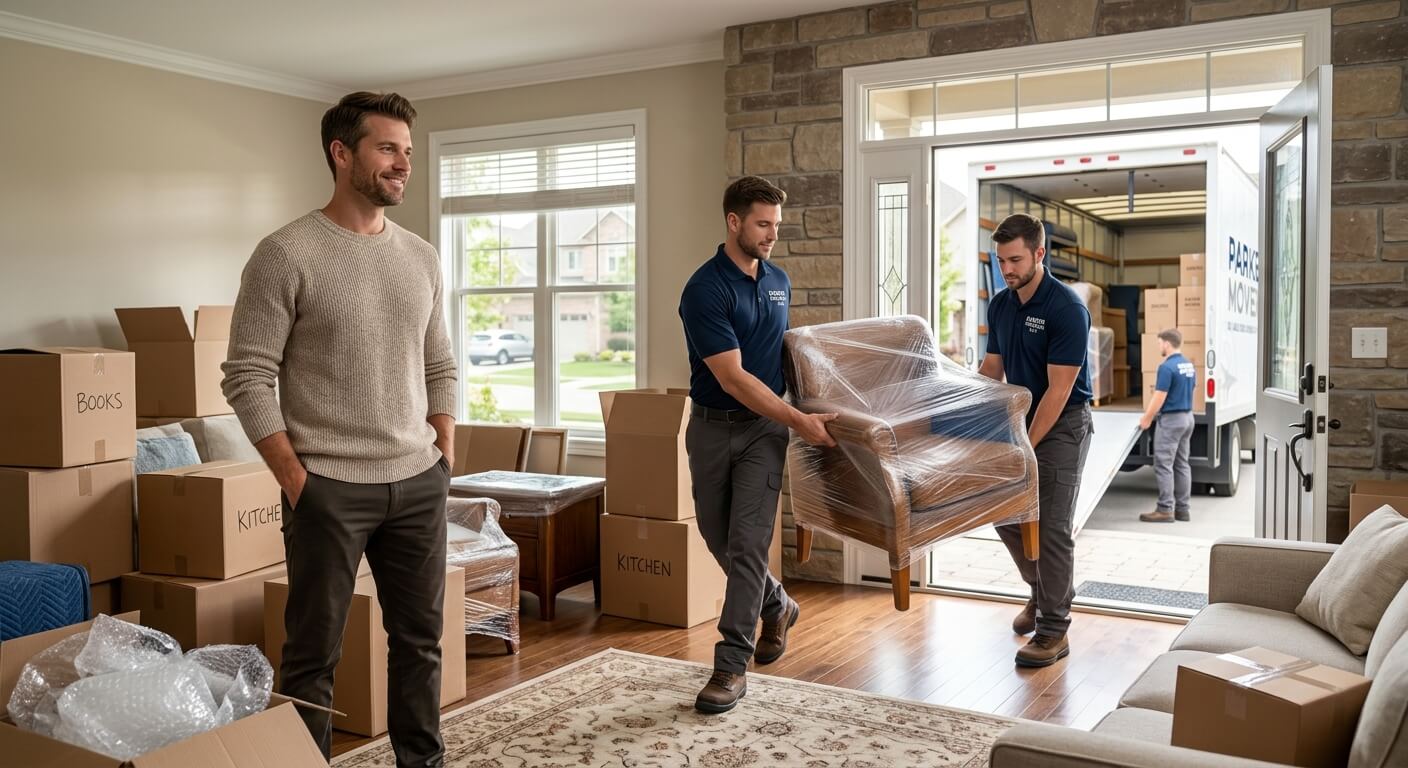 Homeowner watching professional movers carry furniture during a move
