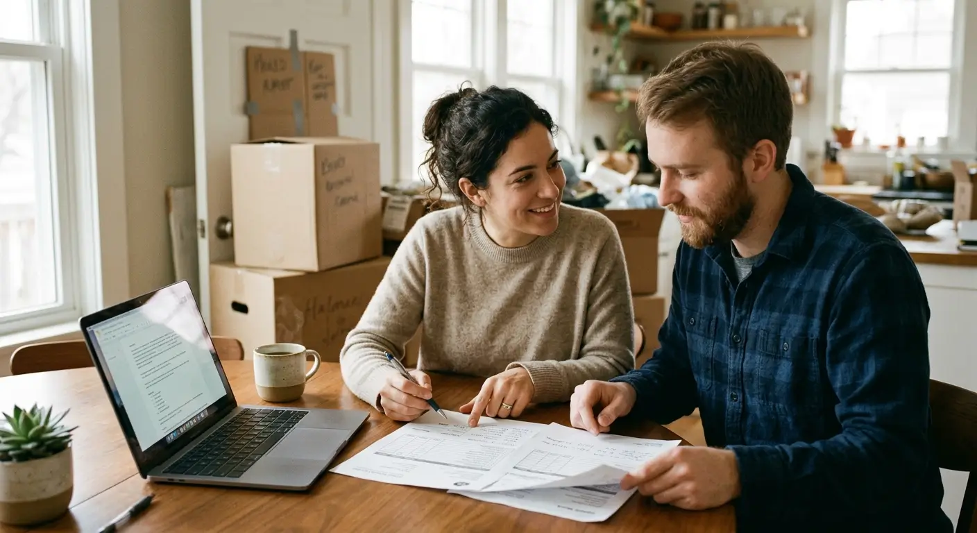 Couple reviewing a written moving quote before hiring a moving company