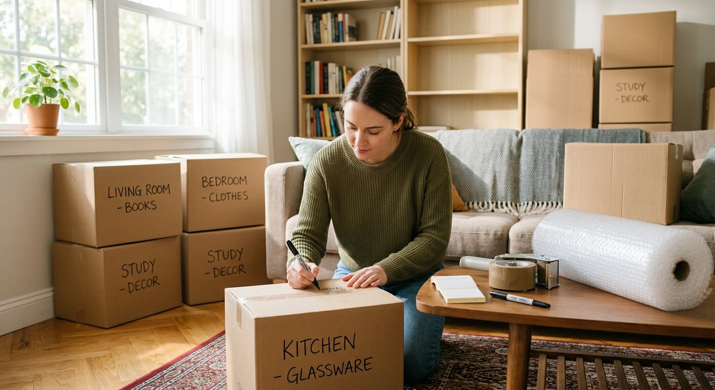 Person labeling packed moving boxes before movers arrive