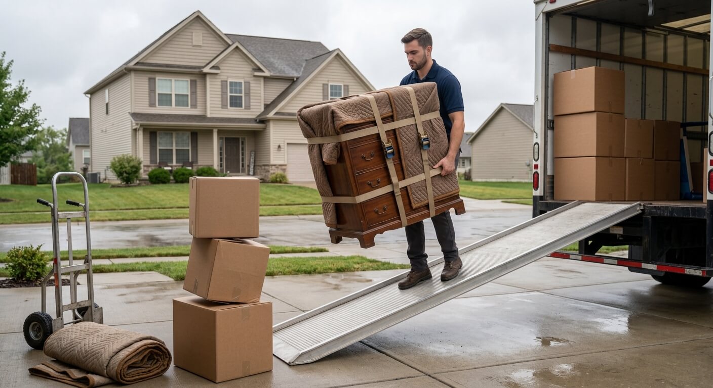 Mover carefully carrying furniture down a ramp to avoid moving damage